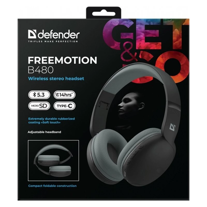 Defender FreeMotion B480 63480 kabellose On-Ear-Kopfhörer, Bluetooth 5.3, USB-C, AUX, microSD, bis zu 14 Std., 20-20000 Hz, Schwarz
