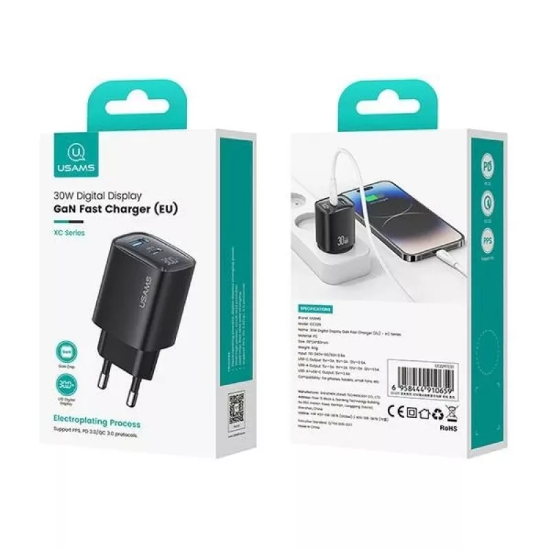USB- und USB-C 30W GaN-Schnellladegerät usams CC229 Weiß — LED-Anzeige, kompaktes Design