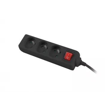 Steckdosenleiste 3m, schwarz, 3 Steckdosen, mit Schalter, Kabel aus massivem Kupfer