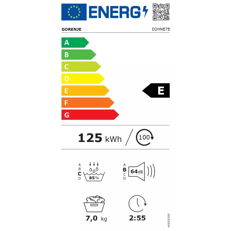 Gorenje Wäschetrockner | D2HNE7E | Energieeffizienzklasse E | Frontlader | 7 kg | Wärmepumpe | LED | Tiefe 51 cm | Weiß