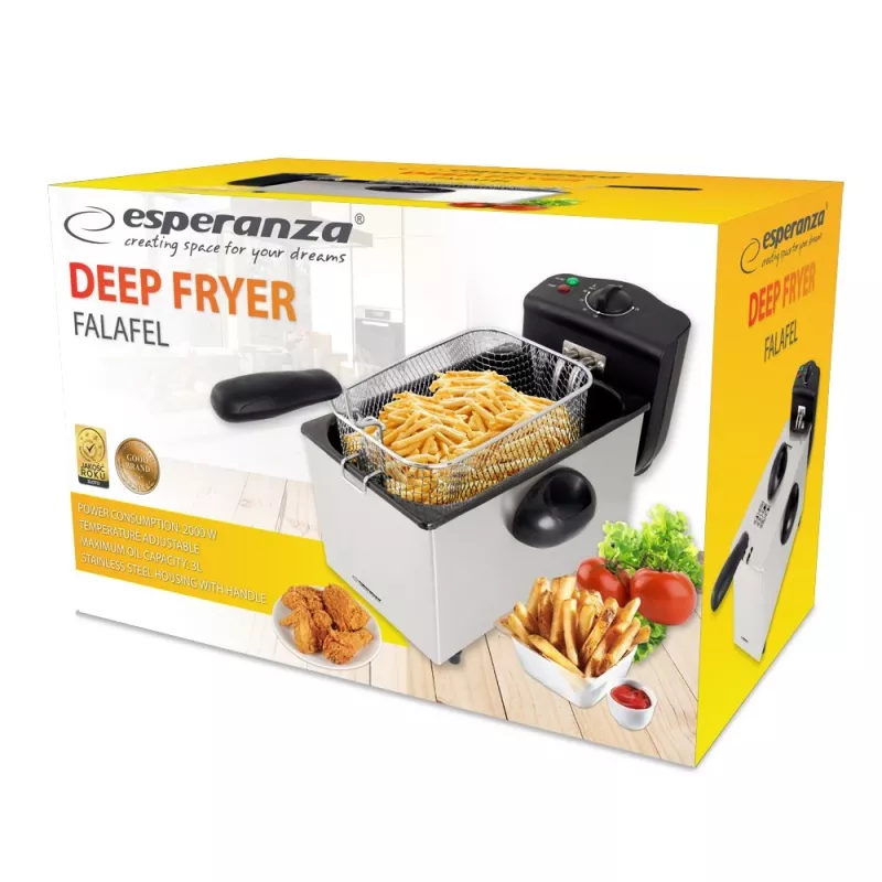 Fritteuse ESPERANZA FALAFEL Single 3 L — Edelstahlbehälter, 2200 W, einstellbarer Thermostat