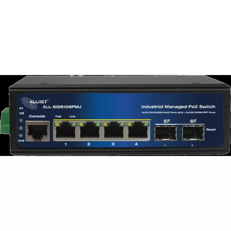 Industrial PoE Switch ALLNET ALL-SGI8106PMJ-BT — 6-Port (4 PoE+), robustes Metallgehäuse