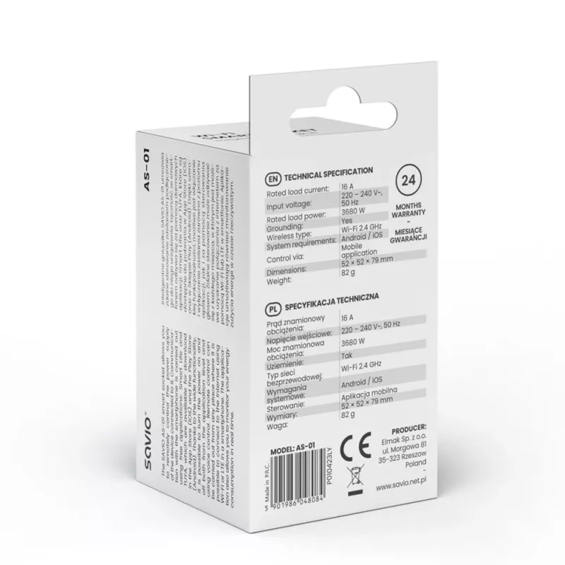 Smarte Steckdose SAVIO AS-01 16A Wi‑Fi 2,4 GHz, Stecker Typ E/F, 220–240 V, 3680 W, weiß