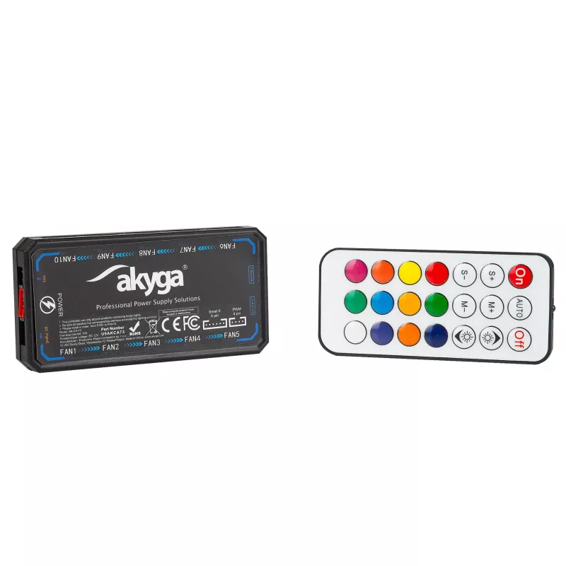 Akyga AK-CA-73 RGB-Lüftersteuerung mit Fernbedienung, 12 Anschlüsse (10 Lüfter + 2 LED-Streifen), Molex-Stromversorgung