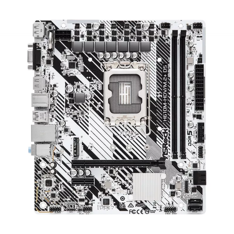 ASRock H610M-HDV/M.2+ D5 Mainboard, Intel H610, LGA 1700, Micro-ATX, 2x DDR5 DIMM (max. 96 GB), PCIe 4.0 x16, 1x M.2, 4x SATA III, HDMI, DisplayPort, VGA, USB-C 3.2 Gen 1, Gigabit-LAN