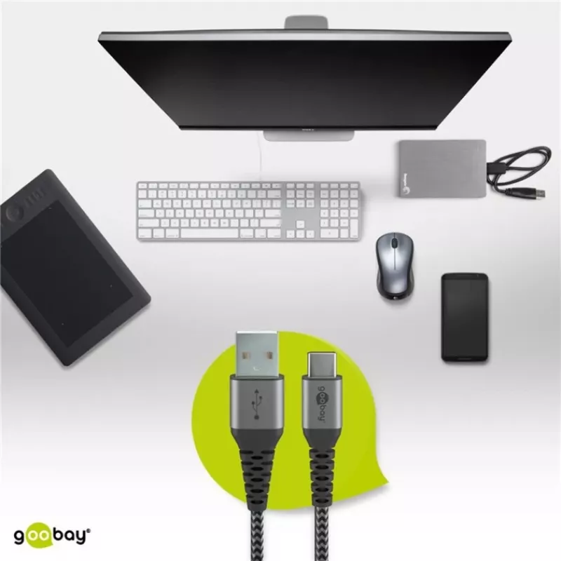 Goobay 49296 USB-C-auf-USB-A-Textilkabel mit Metallsteckern, 1 m, Space Grey/Silber