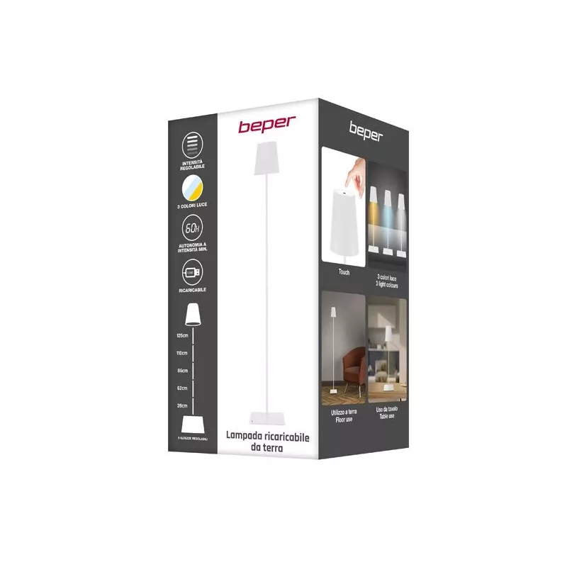 Beper P201UTP404 aufladbare LED-Stehlampe, höhenverstellbar, 2,5 W, dimmbar, Metall, weiß