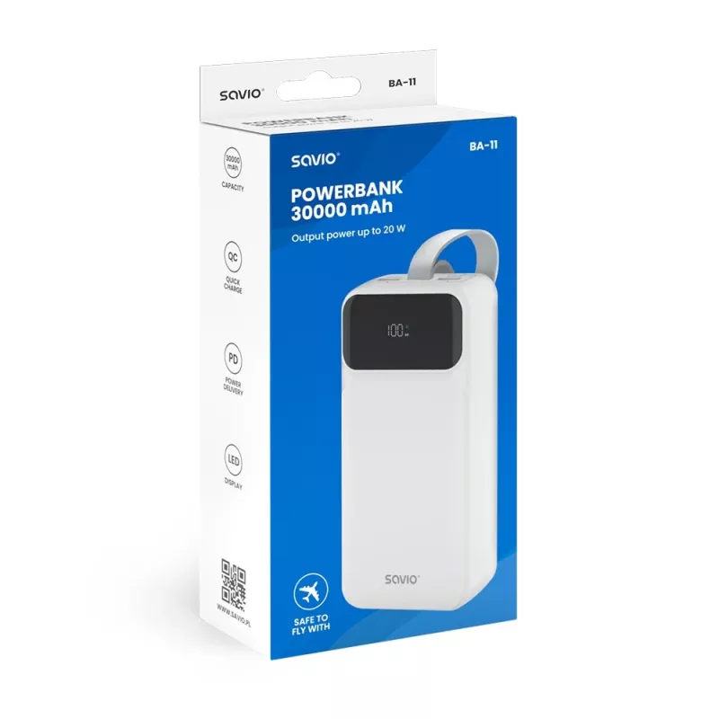 SAVIO BA-10 Powerbank 30000 mAh (111 Wh), Li-Ion, 2x USB-C, 2x USB-A, Quick Charge, Power Delivery