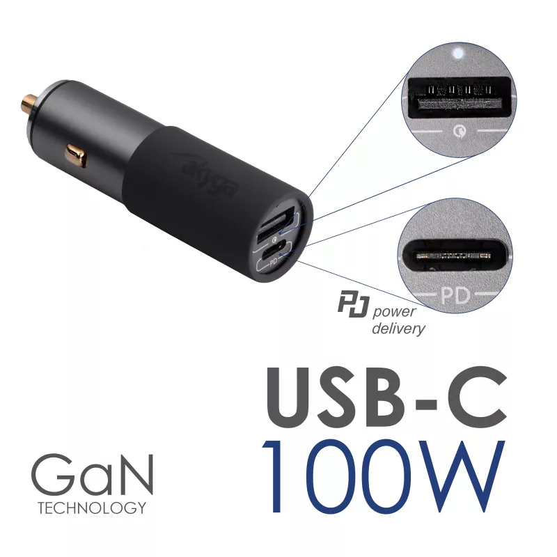 Akyga AK-CH-26 GaN-Kfz-Ladegerät 12/24 V, 100 W, USB-C PD 3.0 + USB-A QC 3.0, grau