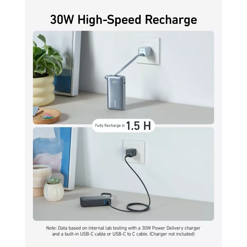 Powerbank 545 NANO 30W 10000mAh mit integriertem USB-C-Kabel, schwarz