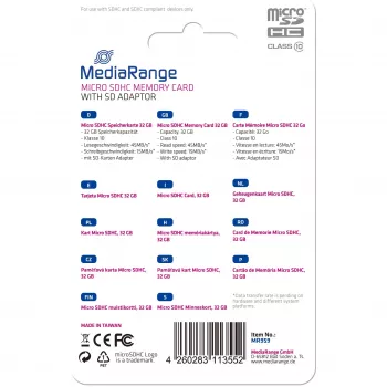 MEMORY MICRO SDHC 32GB C10/MIT ADAPTER MR959 MEDIARANGE