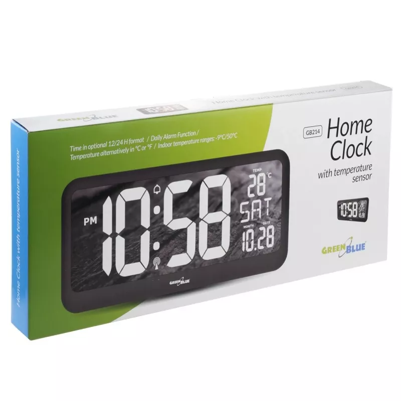 GreenBlue GB214 große digitale Wanduhr mit Temperatursensor und Datum, 37x17 cm LCD, Wandmontage oder freistehend, Netzadapter- und Batteriebetrieb