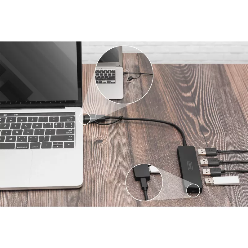 Digitus DA-70235 4-Port-USB-3.0-Hub Slim Line mit USB-C-Adapter, 5 Gbit/s