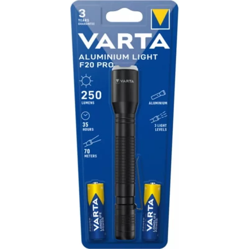 Varta 16607101421 Aluminium Light F20 Pro LED-Taschenlampe, 3 Leuchtmodi, Schwarz