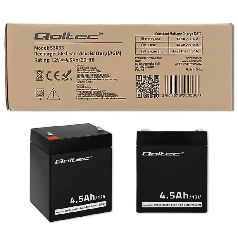 Qoltec 53033 AGM-Akku 12 V 4,5 Ah, max. 1,35 A, wartungsfrei