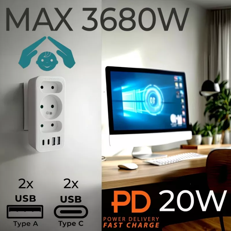 Power-Splitter MACLEAN MCE248 F/W — 3 AC-Steckdosen (1×16A, 2×6A) + 4×USB (2×A, 2×C PD 20W), EU-Stecker, weiß