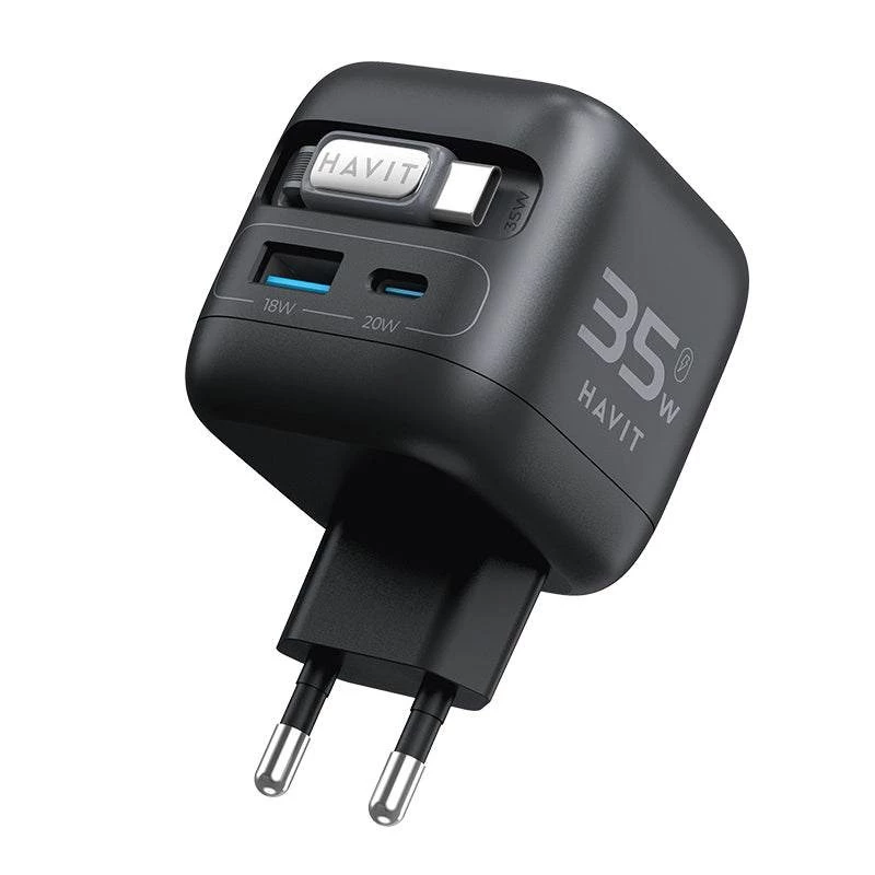 Havit UC250 A-EU GaN-Reiseladegerät mit ausziehbarem Kabel, schwarz