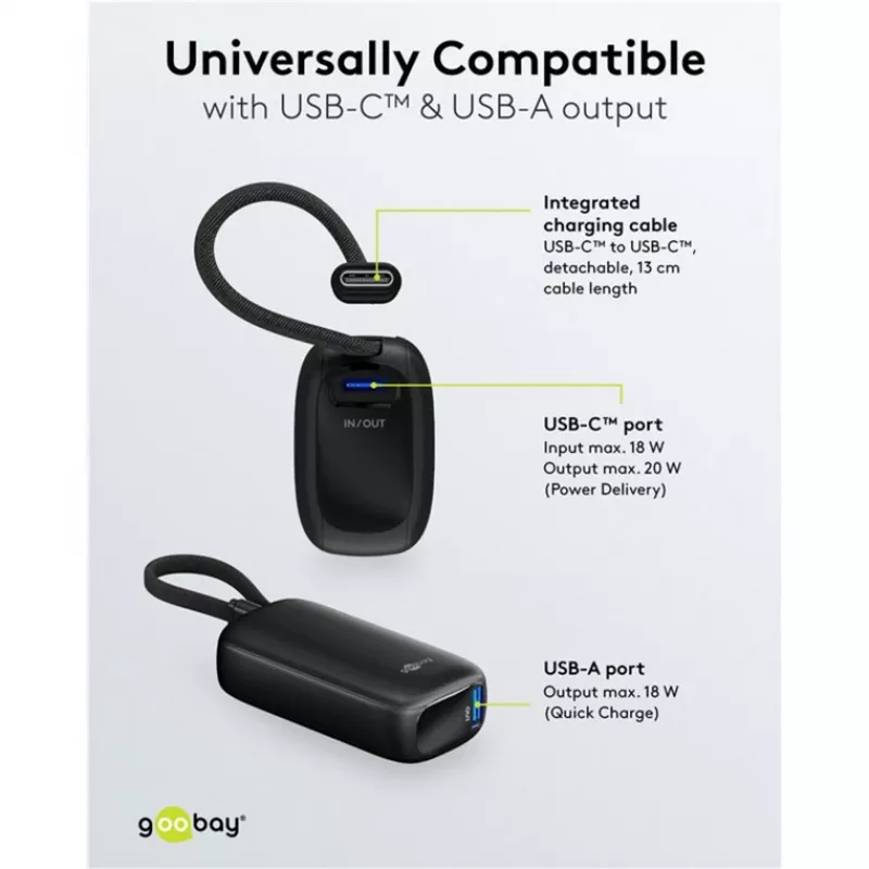 Goobay Powerbank 5000 mAh 20 W, integriertes USB-C-Kabel 13 cm, 1x USB-A, 1x USB-C, PD, QC, Schwarz