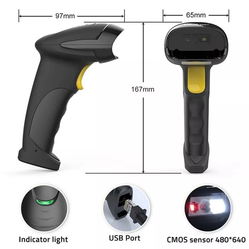 Qoltec 50853 Hand-Laser-Barcodescanner 1D/2D, kabelgebunden USB, 1,65 m Kabel, 97x65x167 mm, 105 g, Schwarz