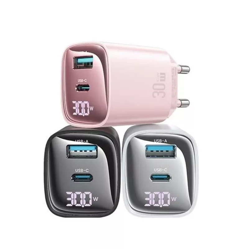 USB- und USB-C 30W GaN-Schnellladegerät usams CC229 Weiß — LED-Anzeige, kompaktes Design