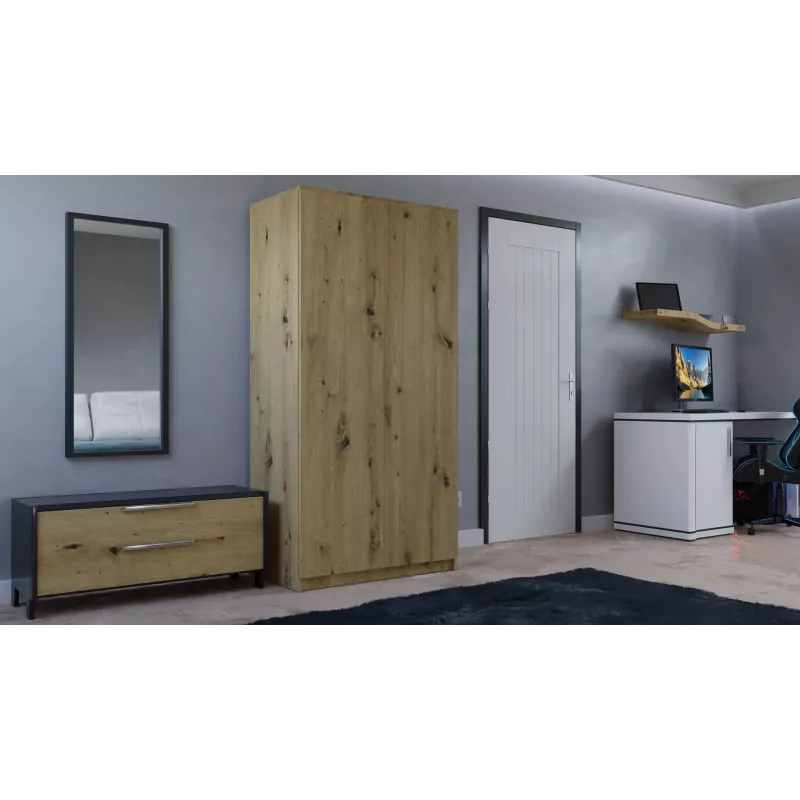Kleiderschrank Top E Shop SD-90 ART KPL — Eichenfarbener Rahmen, 7 Regale, 2 Türen