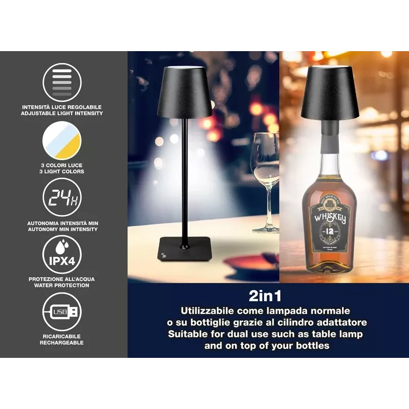Beper P201UTP118 wiederaufladbare LED-Tischlampe, 1,5 W, Touch-Schalter, dimmbar, 33-mm-Flaschenadapter, wasserbeständig, schwarz