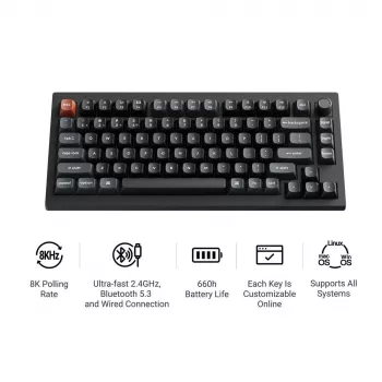 Mechanische Tastatur Keychron V1 Ultra 8K — 75 % QWERTY, Bluetooth, Kabelgebunden, RGB, Schwarz