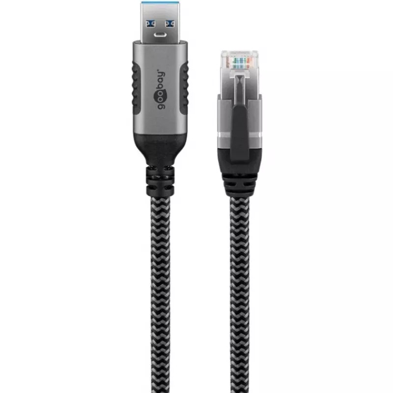 Ethernet-Kabel USB-A 3.2 Gen1 Stecker > RJ-45 Stecker, LAN-Adapter schwarz/Silber, 3 Meter, geflochtenes Textilmantel