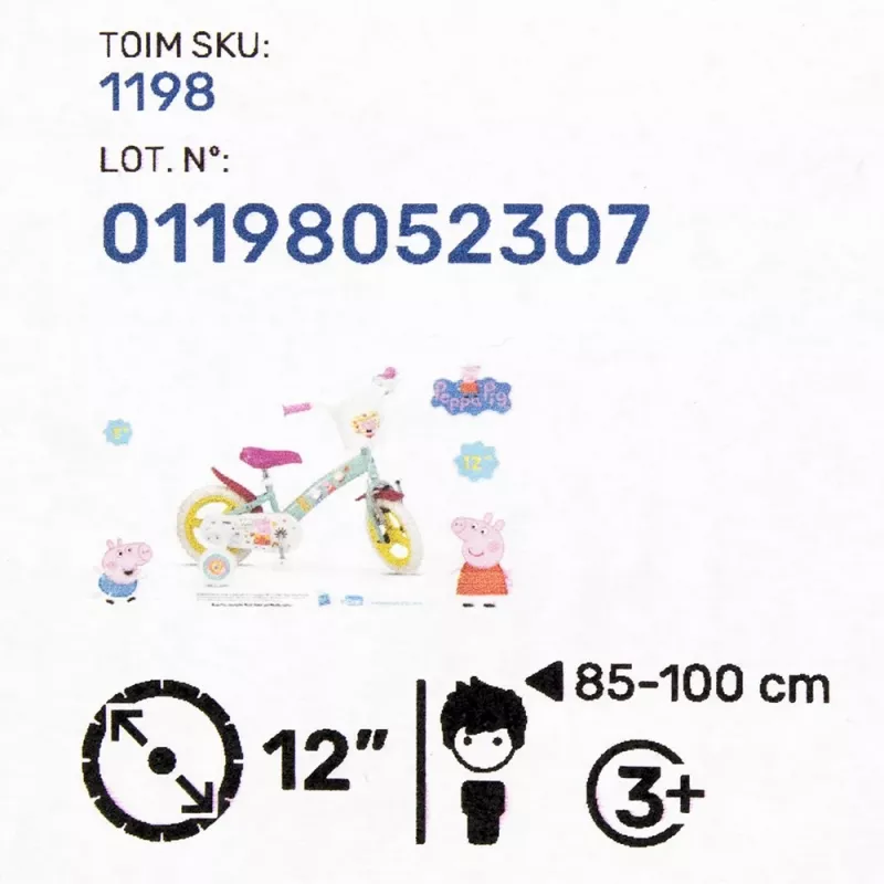 Kinderfahrrad Toimsa TOI1198 12 Zoll Peppa Pig Design, 12-Zoll-Schaumstoffräder, Vorderbremse, Stützräder, Korb