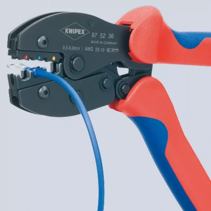 Knipex 97 52 36 PreciForce Crimpzange 220 mm, 0,5–6,0 mm², 3 Crimpnester, Rot/Blau