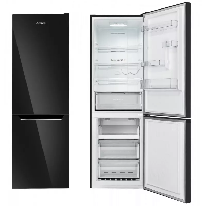 Amica FK3506D.2F(E) Kühl-Gefrierkombination, Gefrierfach unten, 226 l Kühlteil + 96 l Gefrierteil, Total No Frost, Energieklasse E, Schwarz