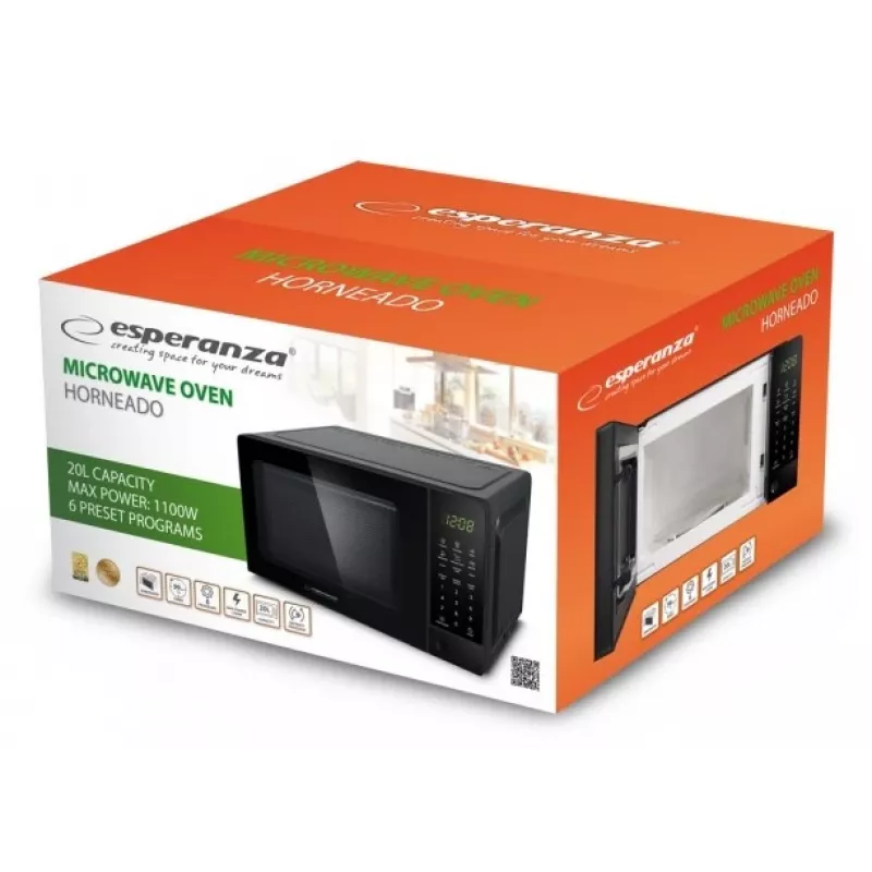 Esperanza EKO009 Horneado Solo-Mikrowelle, freistehend, 700 W, 20 l, 24,5 cm Drehteller, schwarz