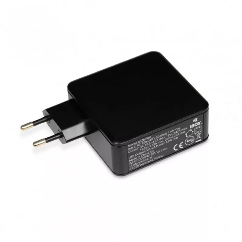 Laptop-Netzteil IBOX IUZ65WA, AC/DC automatisch 100–240V → 18,5–20,5V, 65W, 1×USB, schwarz