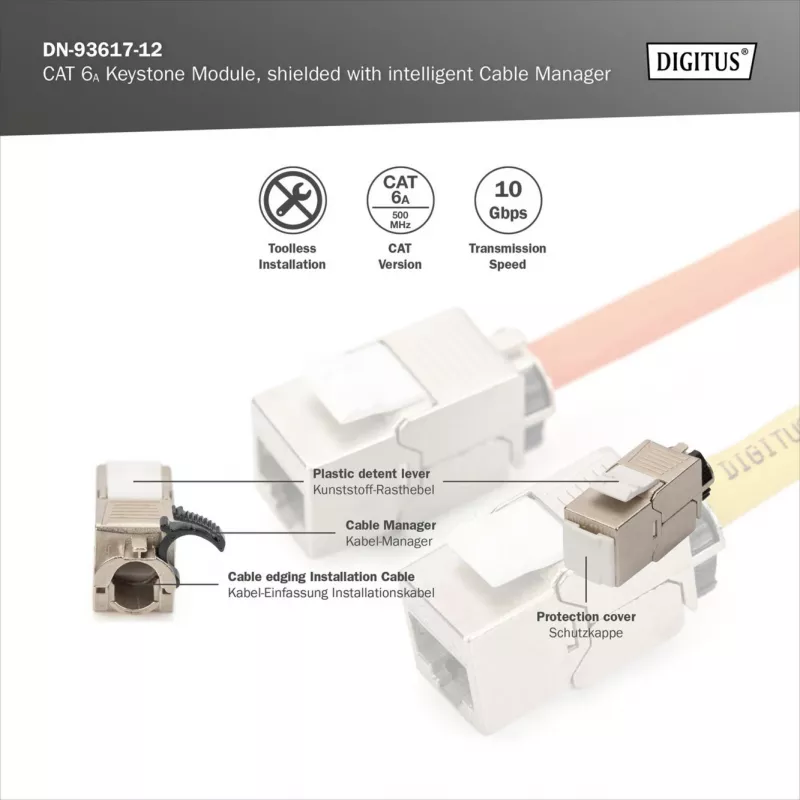 Digitus Cat.6A geschirmtes Keystone-Modul mit intelligentem Kabelmanager, 12 Stück, silber