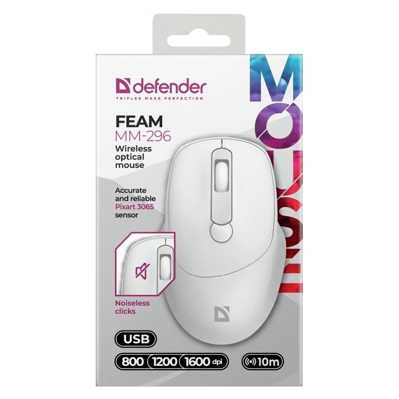 Defender Feam MM-296 52297 kabellose Maus, leiser Klick, optisch, 1600 DPI, USB, Weiß