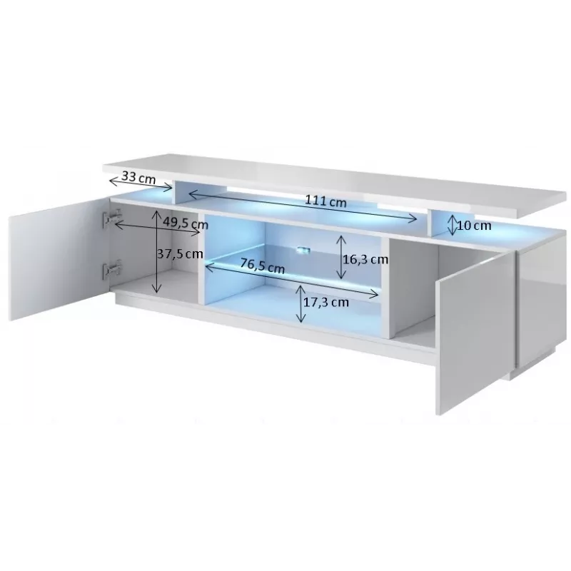 TV-Schrank cama meble EVA 180x40x56 cm, schwarz glänzend, MDF-Deckplatte, schwarzes Gestell