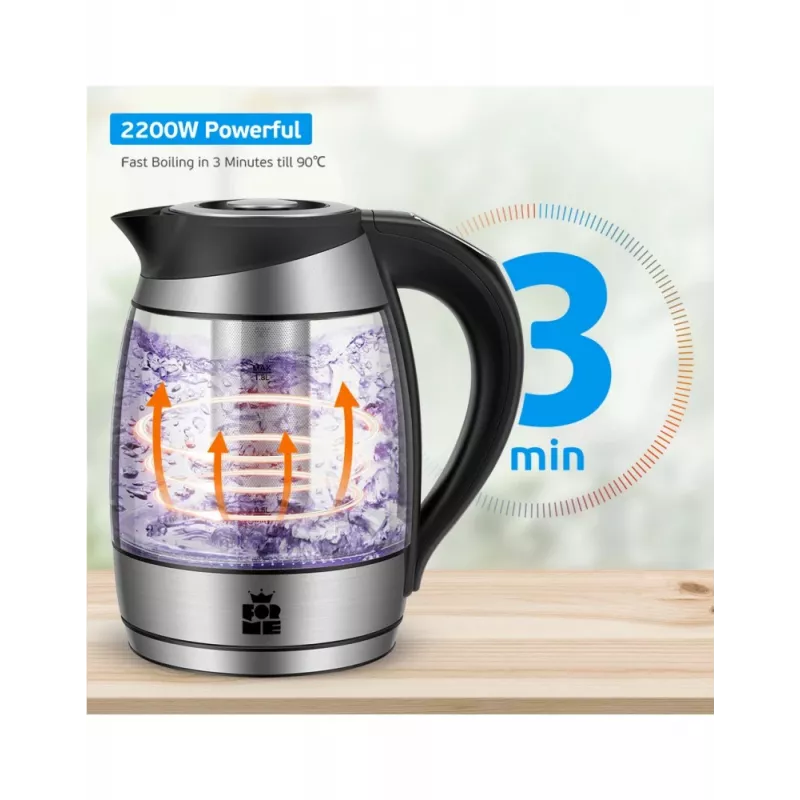 Forme FKG-448 Glas-Wasserkocher, 1,8 l, 2200 W, Temperaturregelung, Grau