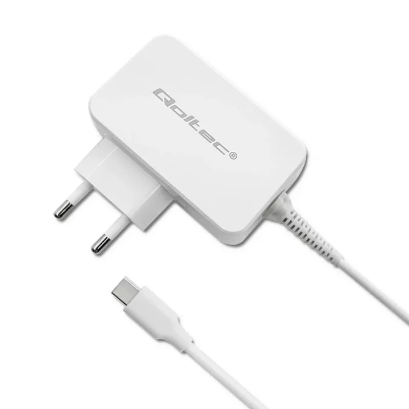 Qoltec 51039 65 W USB-C-PD-Netzteil, 5–20,3 V, 2–3,25 A, integriertes USB-C-Kabel, Weiß
