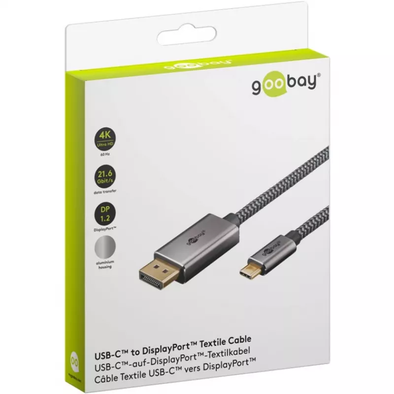 USB-Adapterkabel, USB-C-Stecker > DisplayPort-Stecker, 4K 60 Hz (schwarz/silber, 2 Meter, geflochtenes Kabel)