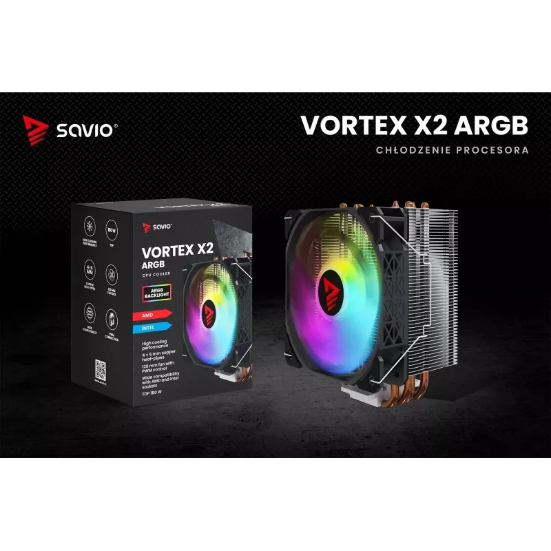 CPU-Luftkühler SAVIO SAVGCOVORTEXX2ARGB mit 4 Heatpipes, 120-mm-ARGB-Lüfter, schwarz