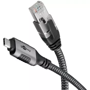 Wentronic goobay - Netzwerkkabel - 24 Pin USB-C (M) auf RJ-45 (M) - 1,0 m - 6 mm - FTP - CAT 6 - USB 3.1 - geflochtenes Kabel - Schwarz, Silber (70696)