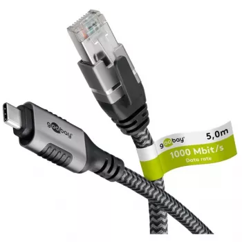 Ethernet-Kabel USB-C 3.2 Gen2 Stecker > RJ-45 Stecker (schwarz/Silber, 5 Meter, geflochtenes Textilmantel)