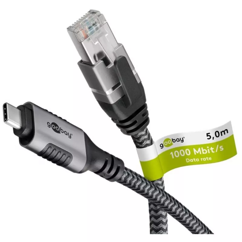 Goobay 70752 USB-C 3.1 auf RJ45 Ethernet-Kabel, Cat6 F/UTP, 5 m, schwarz/silber