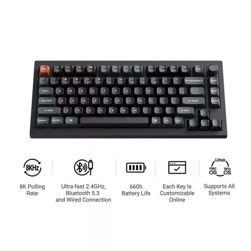 Mechanische Tastatur Keychron V1 Ultra 8K — 75% Formfaktor, QWERTY, Bluetooth, RGB, Schwarz