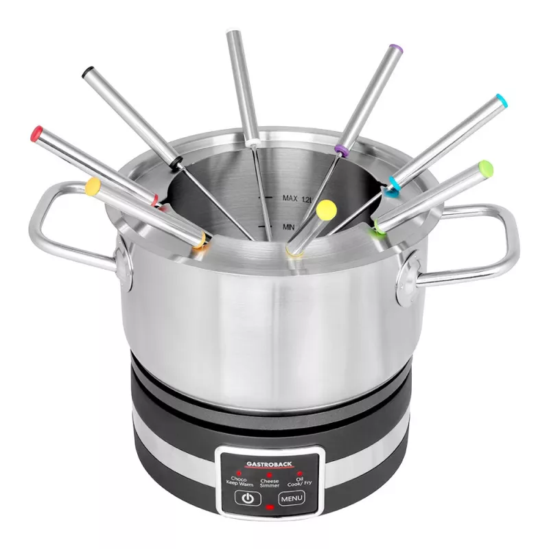 Gastroback 42568 Fondue MultiCook 4in1 & Kochplatte, 1200 W, 2,3-l-Edelstahltopf, 8 Gabeln