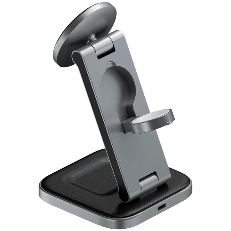 SATECHI 3-in-1 faltbare Qi2 kabellose Ladestation (Space Gray) mit Typ A-, C-, G-Steckern