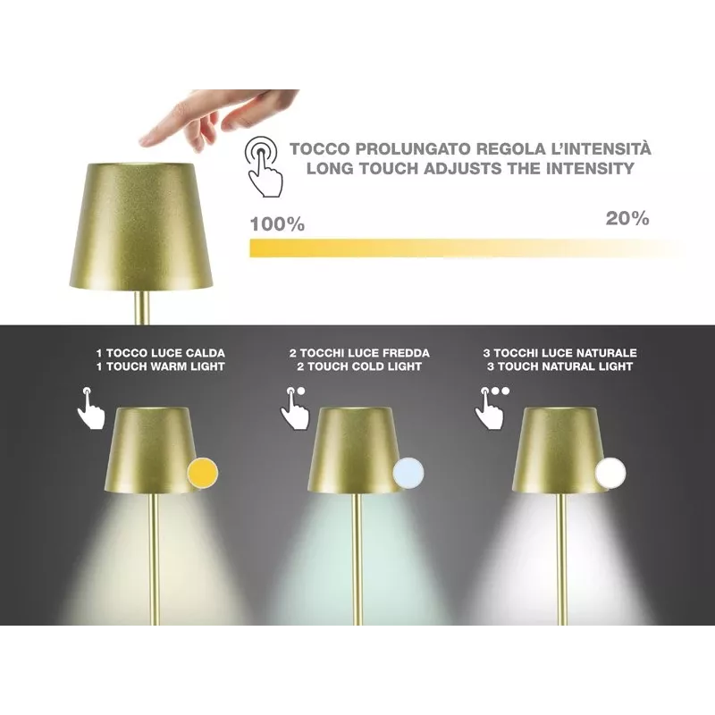 Beper P201UTP116 wiederaufladbare LED-Tischleuchte, 1,5 W, Touch-Schalter, dimmbar, 33-mm-Flaschenadapter, wasserbeständig, Gold