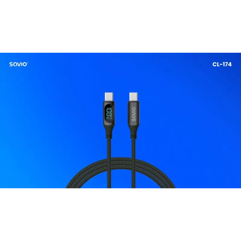 Savio CL-174 USB-C-auf-USB-C-Kabel, 100 W, Power Delivery/Quick Charge, digitale Anzeige, 1 m, grün