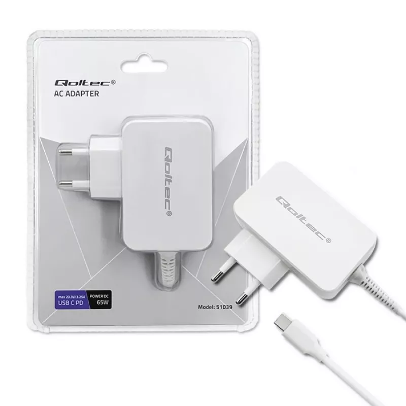 Qoltec 51039 65 W USB-C-PD-Netzteil, 5–20,3 V, 2–3,25 A, integriertes USB-C-Kabel, Weiß
