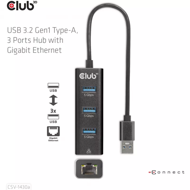 USB-Hub CLUB3D USB 3.2 Gen1 Type-A mit 3 Anschlüssen und Gigabit-Ethernet